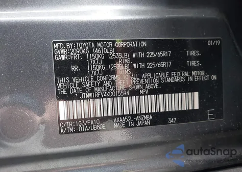 2019 Toyota Rav4 Xle from USA, damaged, VIN JTMW1RFV4KD015594